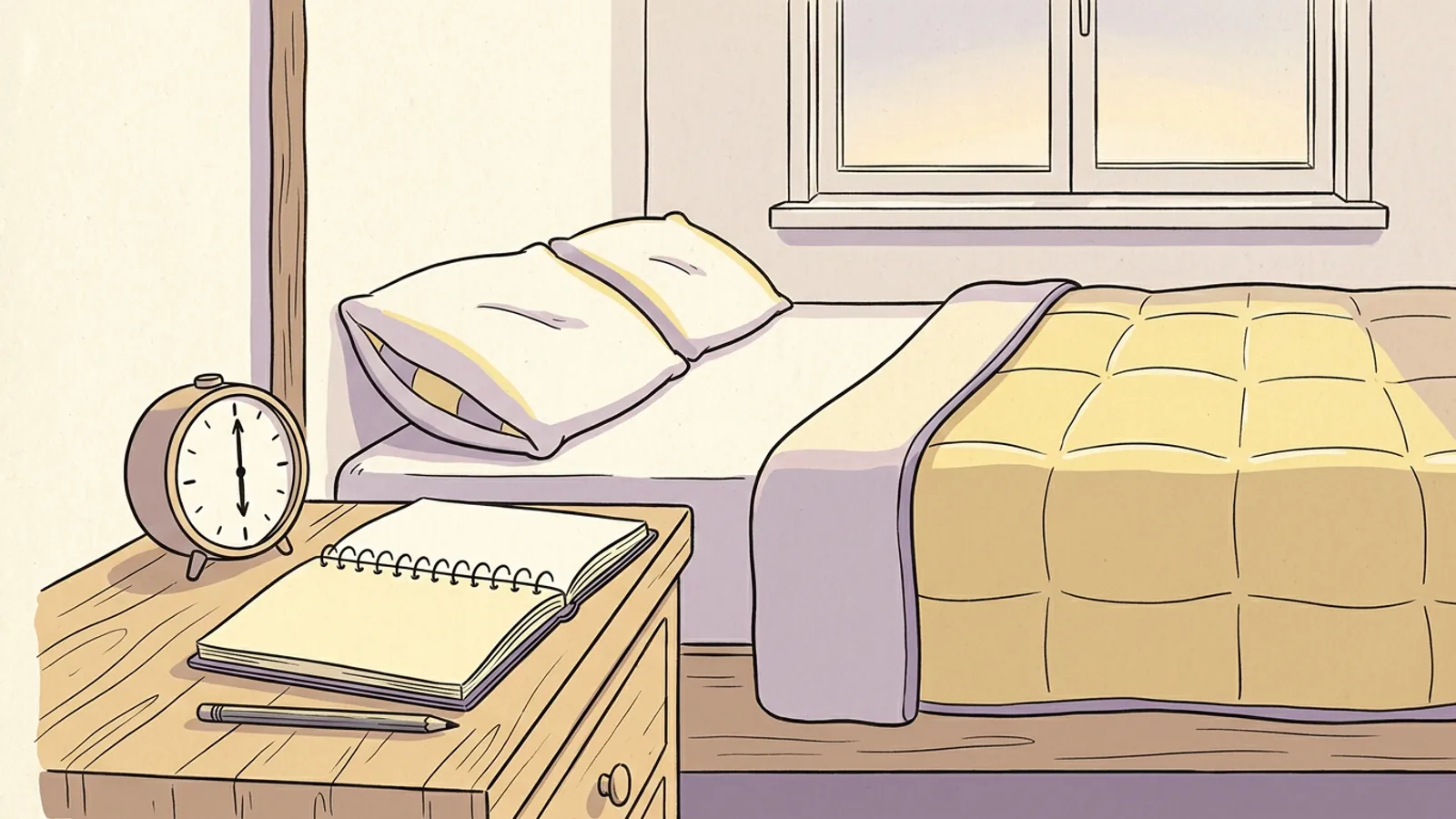 A bedside alarm clock at dawn next to a notebook sketch of looping waves, a picture of the 90 minute sleep cycle.