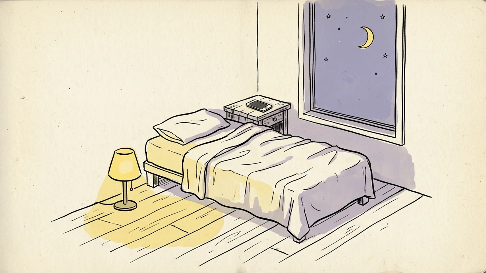 A low lamp beside a bed at night, one simple way to improve sleep hygiene by dimming the light before sleep.