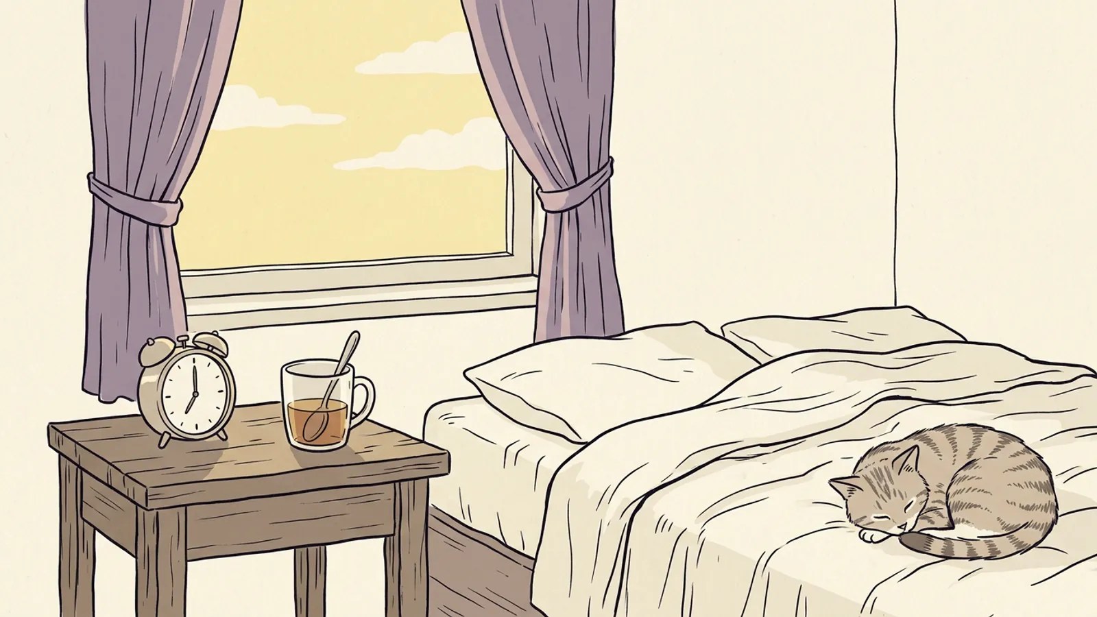 An alarm clock on a nightstand beside the bed at dawn, with a tabby cat asleep on the blanket.