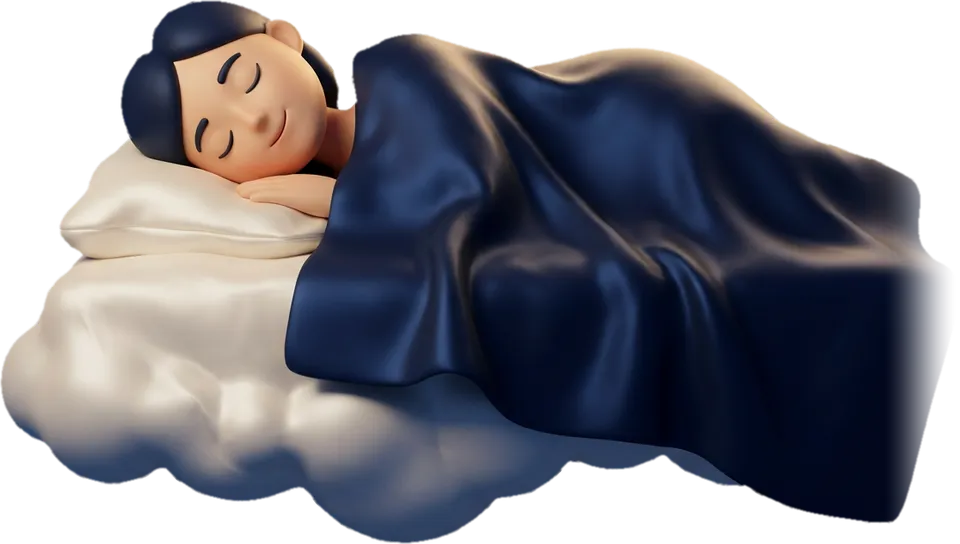Mara asleep on a heap of ivory silk under a night blue sheet, with Waffles the cat curled up at her feet.