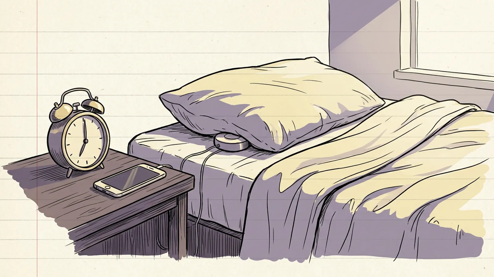 A bedside table with a twin bell clock and a bed shaker tucked under the pillow, the kind of alarm clock for heavy sleepers I ended up trusting.
