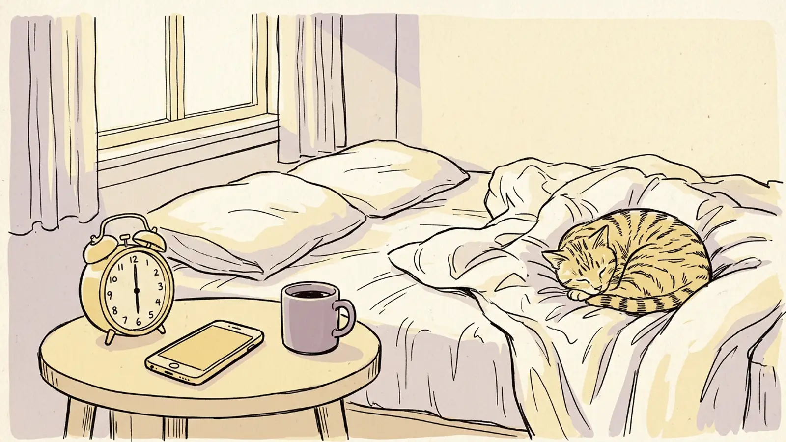 A phone and a small alarm clock on a bedside table at dawn, the two options I weighed while looking for an Alarmy alternative.