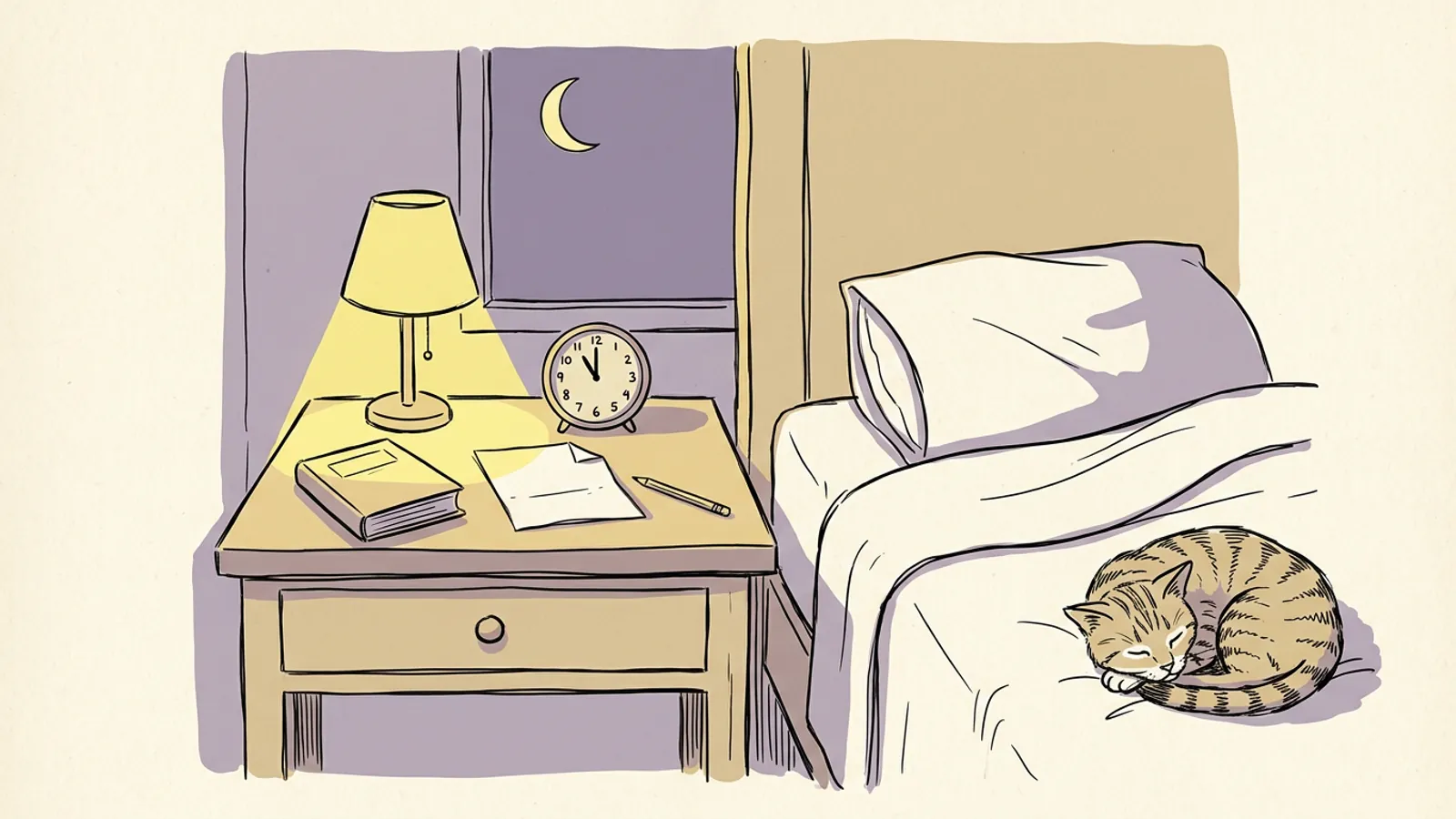 A sketch of a bedside table set for a bedtime routine, with a lamp, a paperback, a folded list and a clock at quarter to eleven.