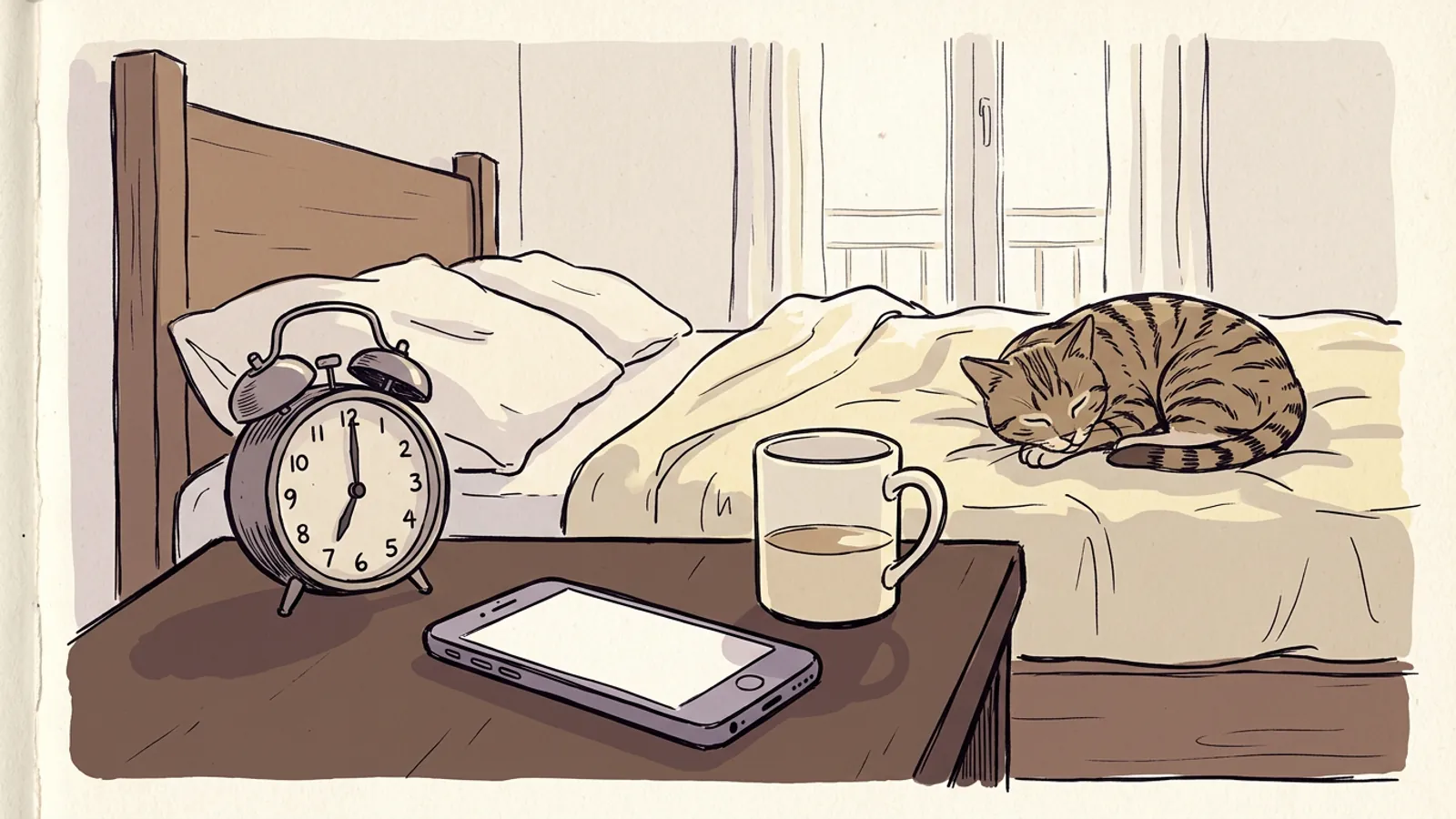 A phone with an alarm clock app on a bedside table next to an old round alarm clock at dawn, with a tabby cat asleep on the bed.