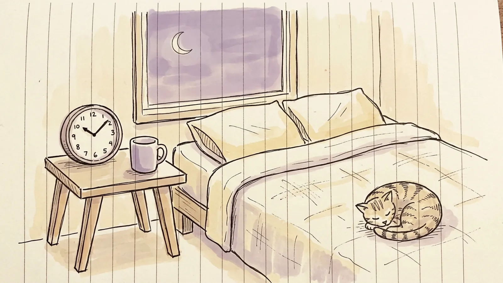 An empty coffee mug and a bedside clock at dusk, a quiet picture of how long before bed to stop drinking coffee.