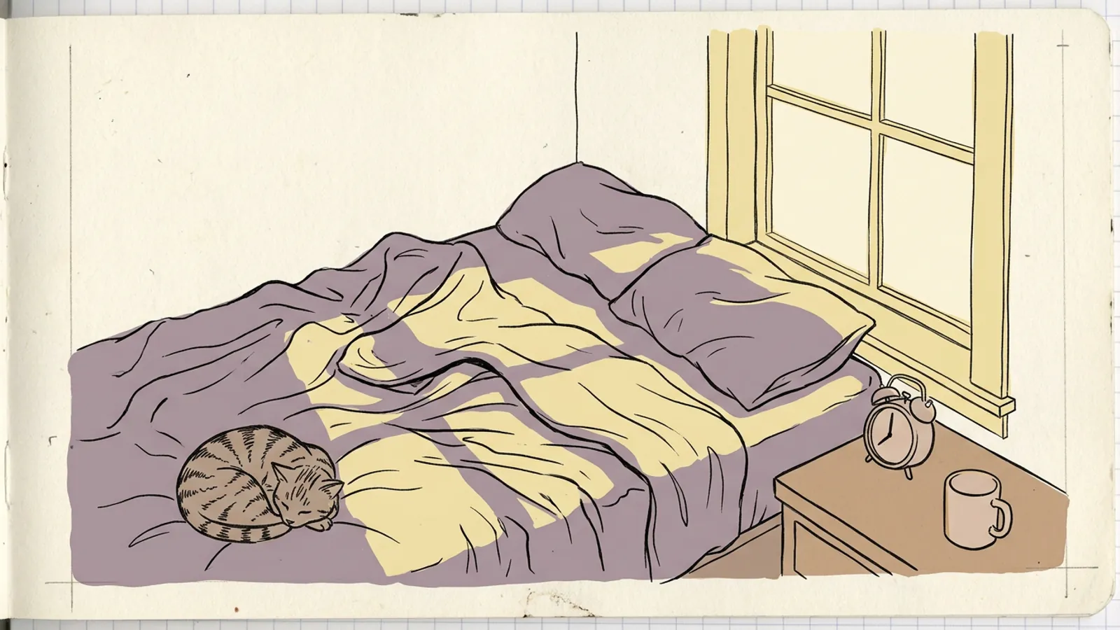 A bed at dawn with an alarm clock and a sleeping tabby cat, for anyone who can't wake up in the morning.