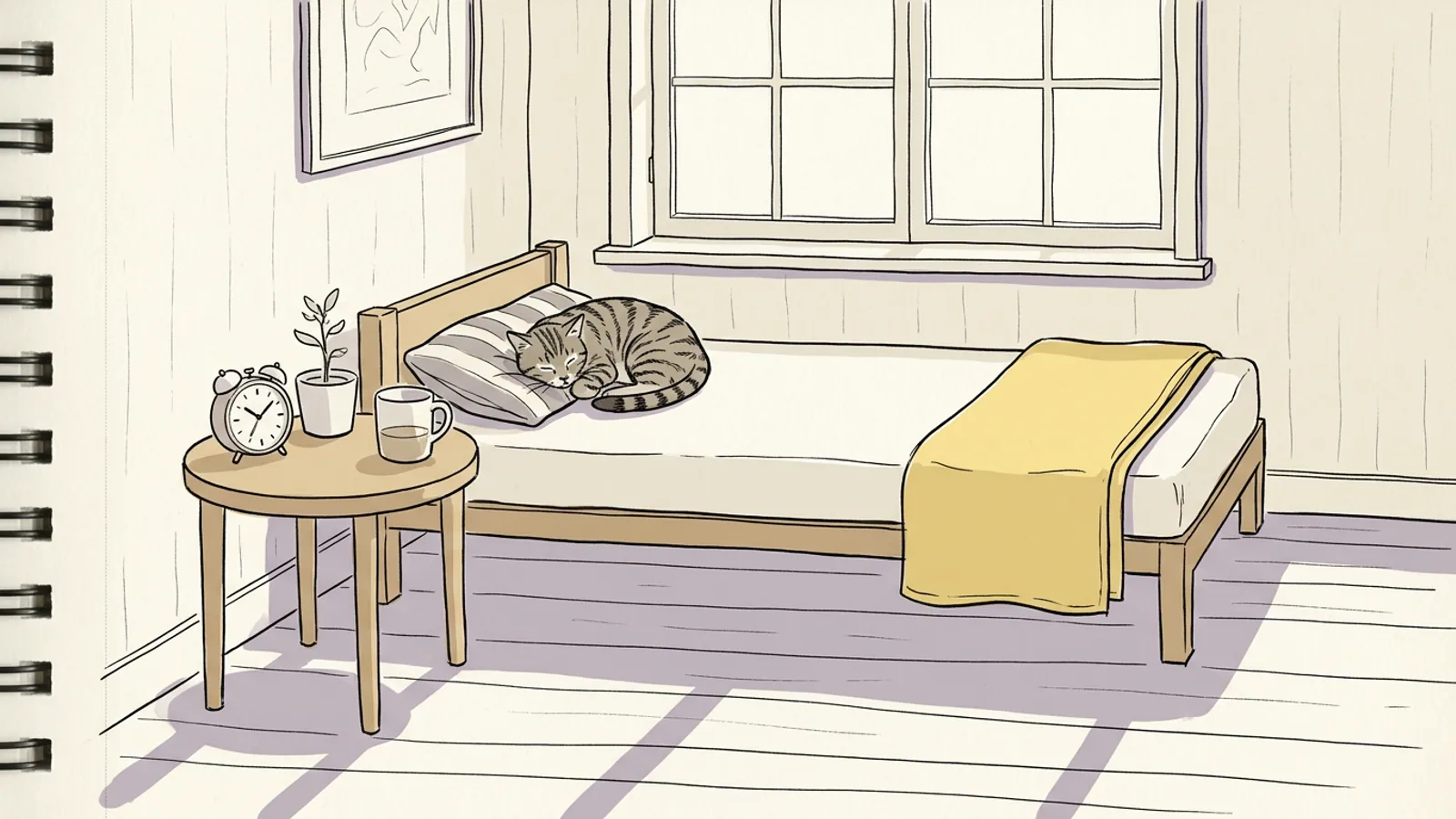 A tabby cat asleep on a daybed beside an alarm clock in afternoon light, the quiet moment of deciding how long a nap should be.