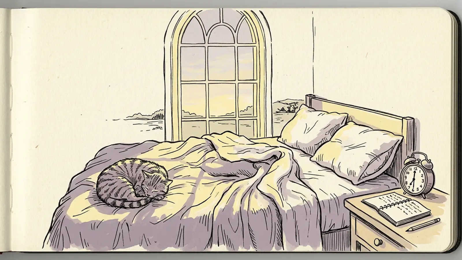 A tabby cat curled on a bed in early window light, the kind of morning you are aiming for when you learn how to become a morning person.