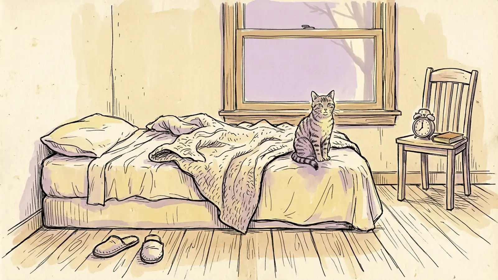 An empty bed with the blanket thrown back and slippers on the floor, the moment after working out how to get out of bed, while a tabby cat keeps watch.