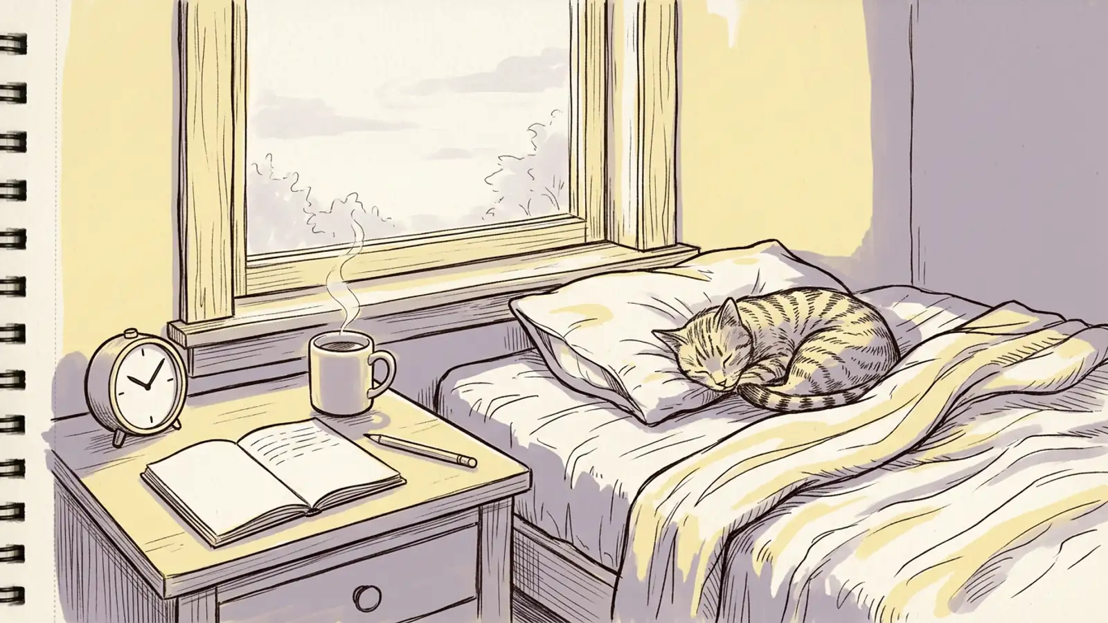 An alarm clock, a mug and a sleeping tabby cat on a bed at dawn, the first morning of trying to reset a sleep schedule.