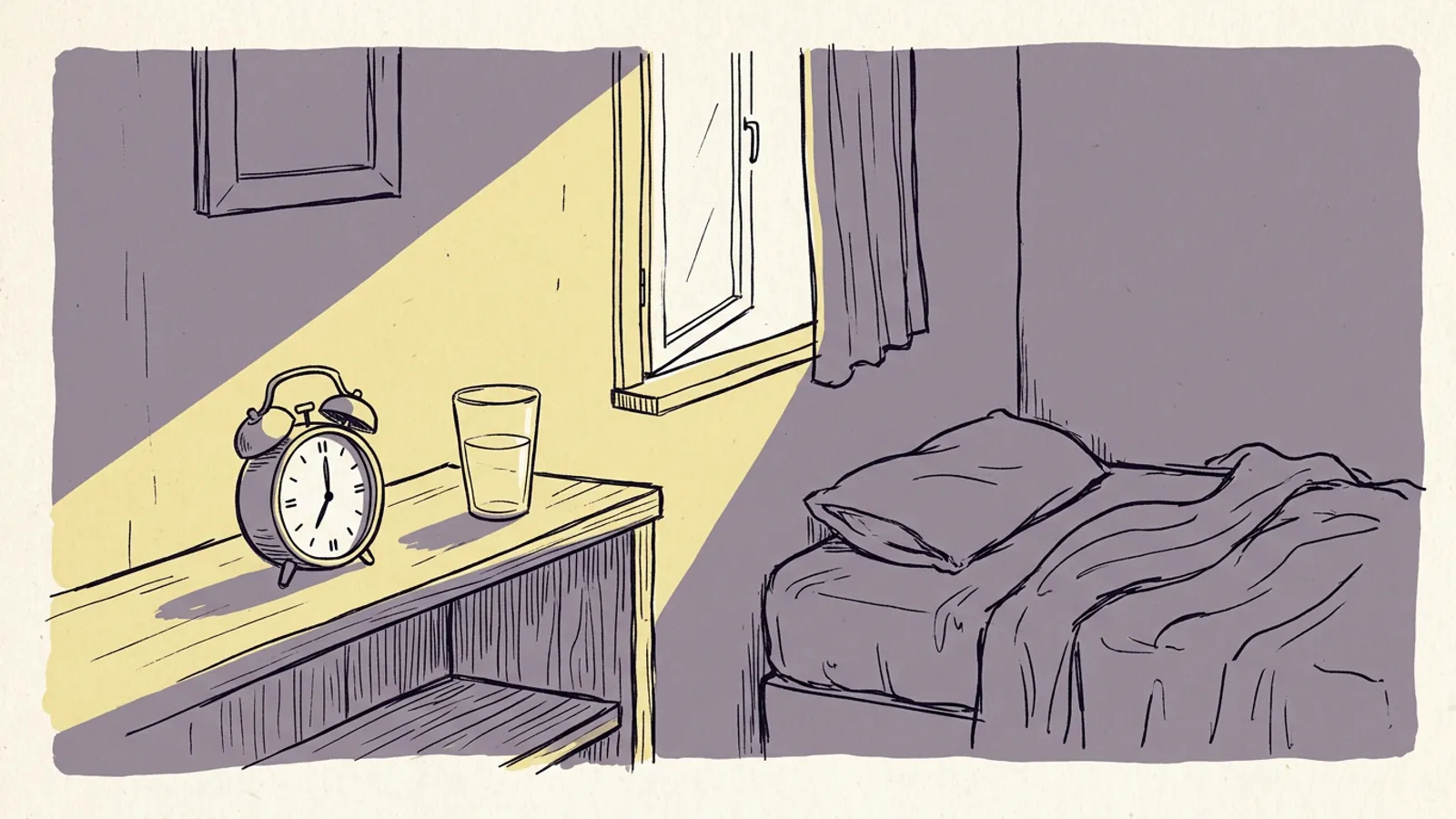 A small alarm clock on a shelf across the room from an unmade bed, the setup I use to stop snoozing.