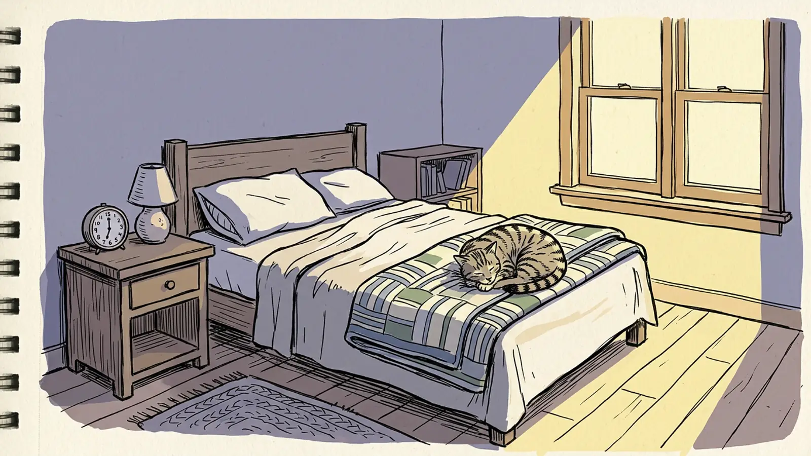 An alarm clock by the bed at dawn with a sleeping tabby cat, for a guide on how to wake up early.