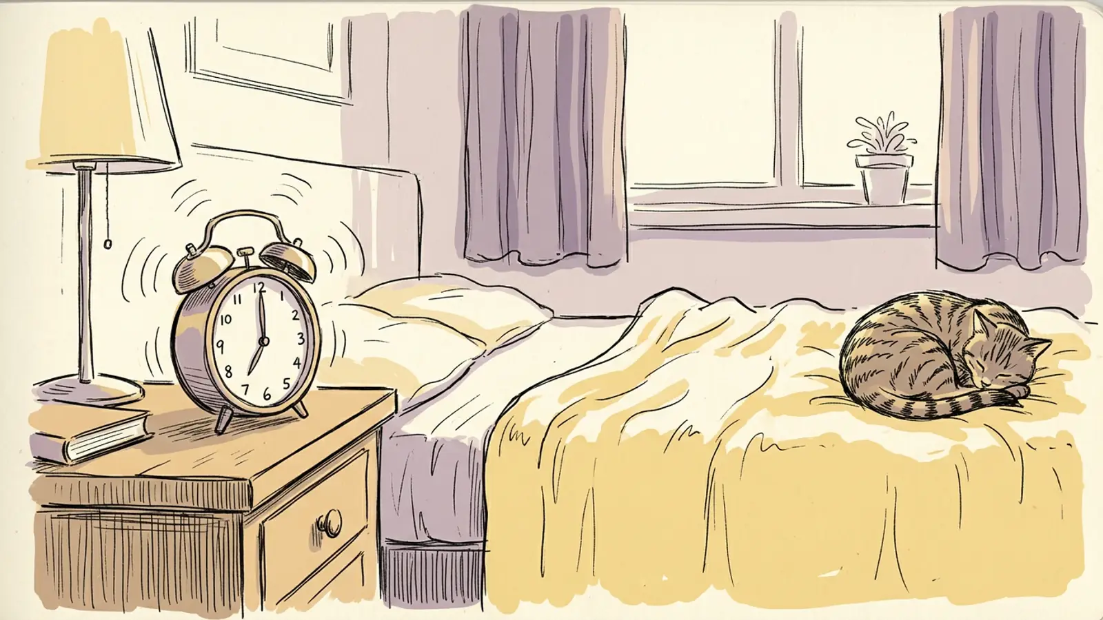 A loud alarm clock ringing on a nightstand beside a rumpled bed while a tabby cat sleeps at the foot of it.