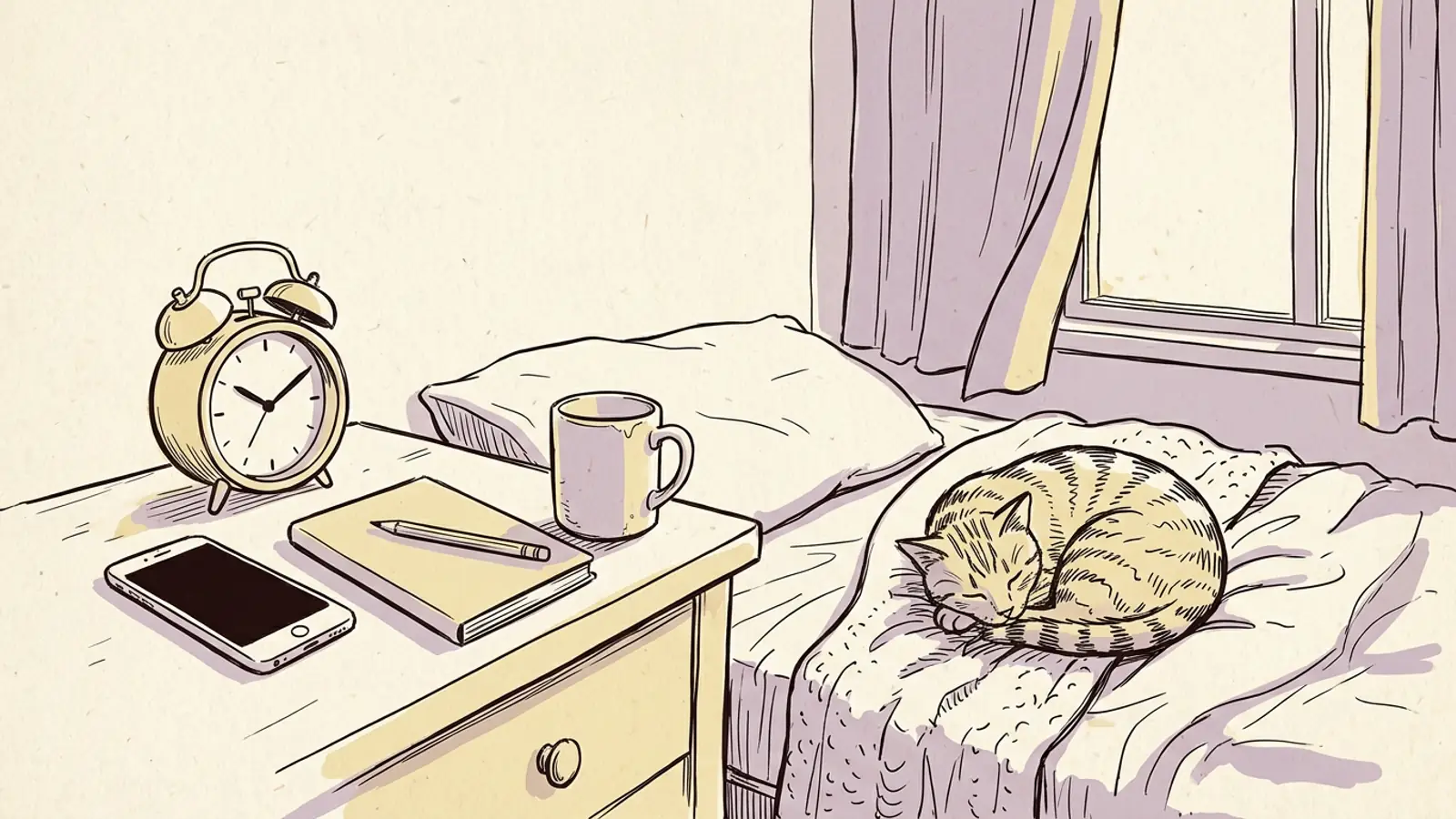 A math alarm clock on a bedside table beside a phone, a notebook and a sleeping tabby cat in early morning light.