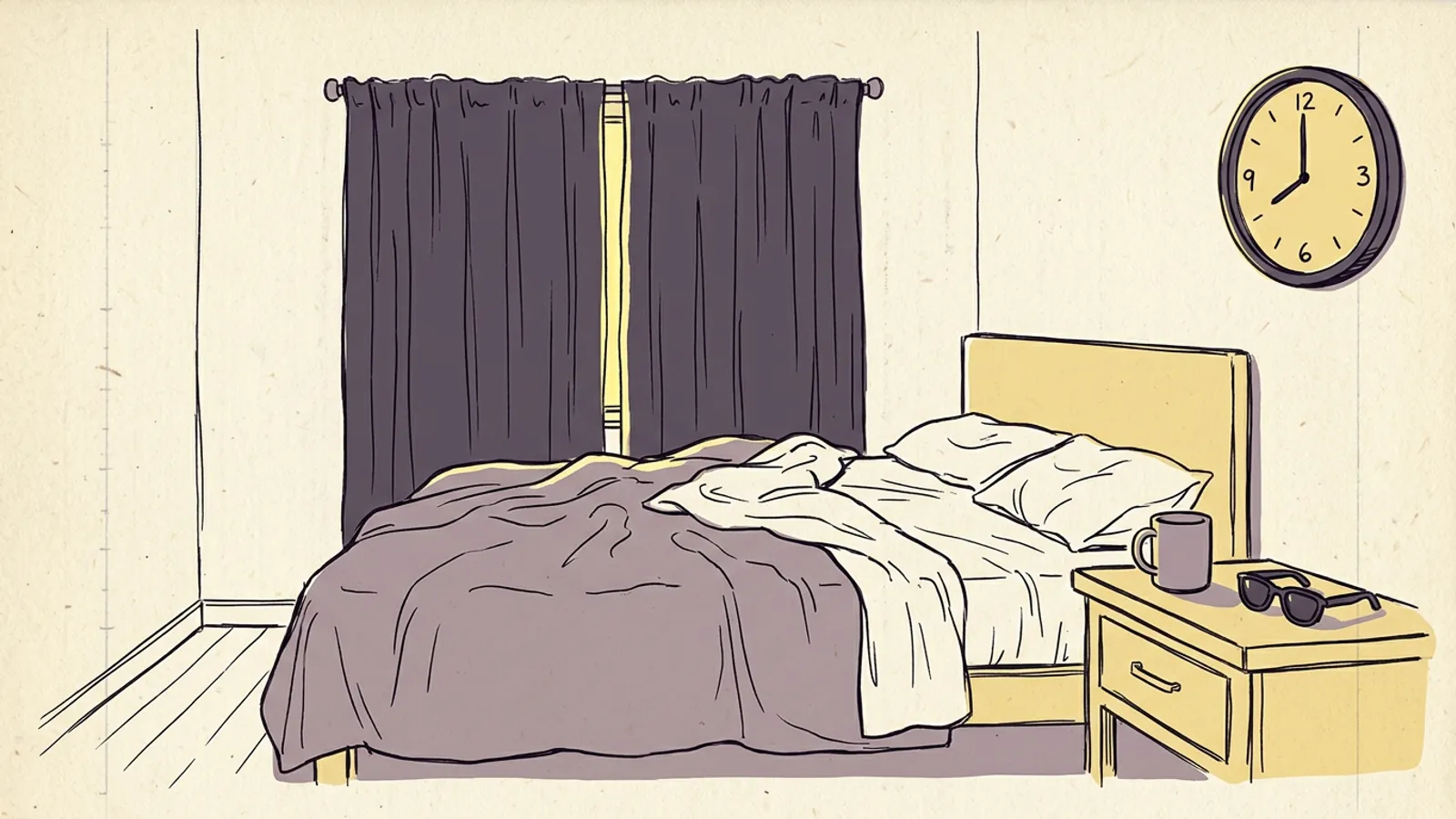 A darkened bedroom set up for a night shift sleep schedule, with blackout curtains, sunglasses on the nightstand and a clock at half past eight.