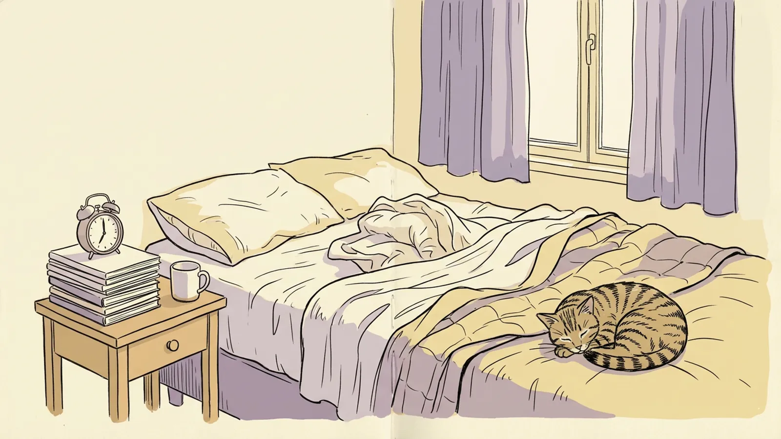 A tabby cat asleep on an unmade bed next to an alarm clock and a stack of notebooks, a quiet picture of sleep debt piling up.