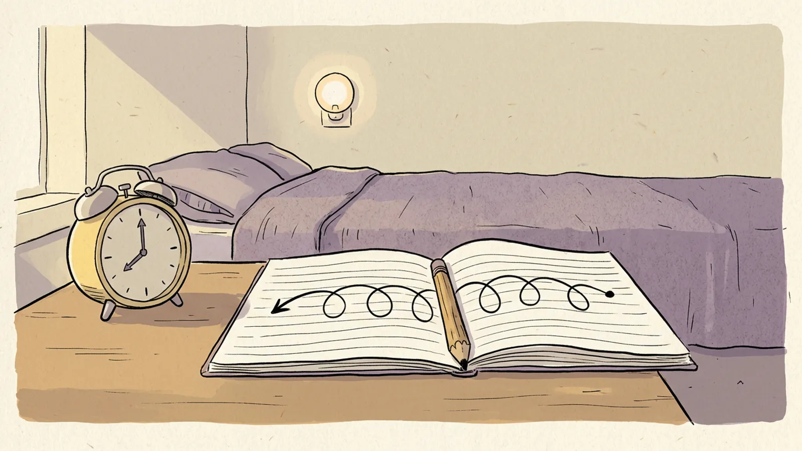 An alarm clock next to an open notebook with a hand drawn arrow hopping backwards across the page, counting from the alarm back to bedtime.