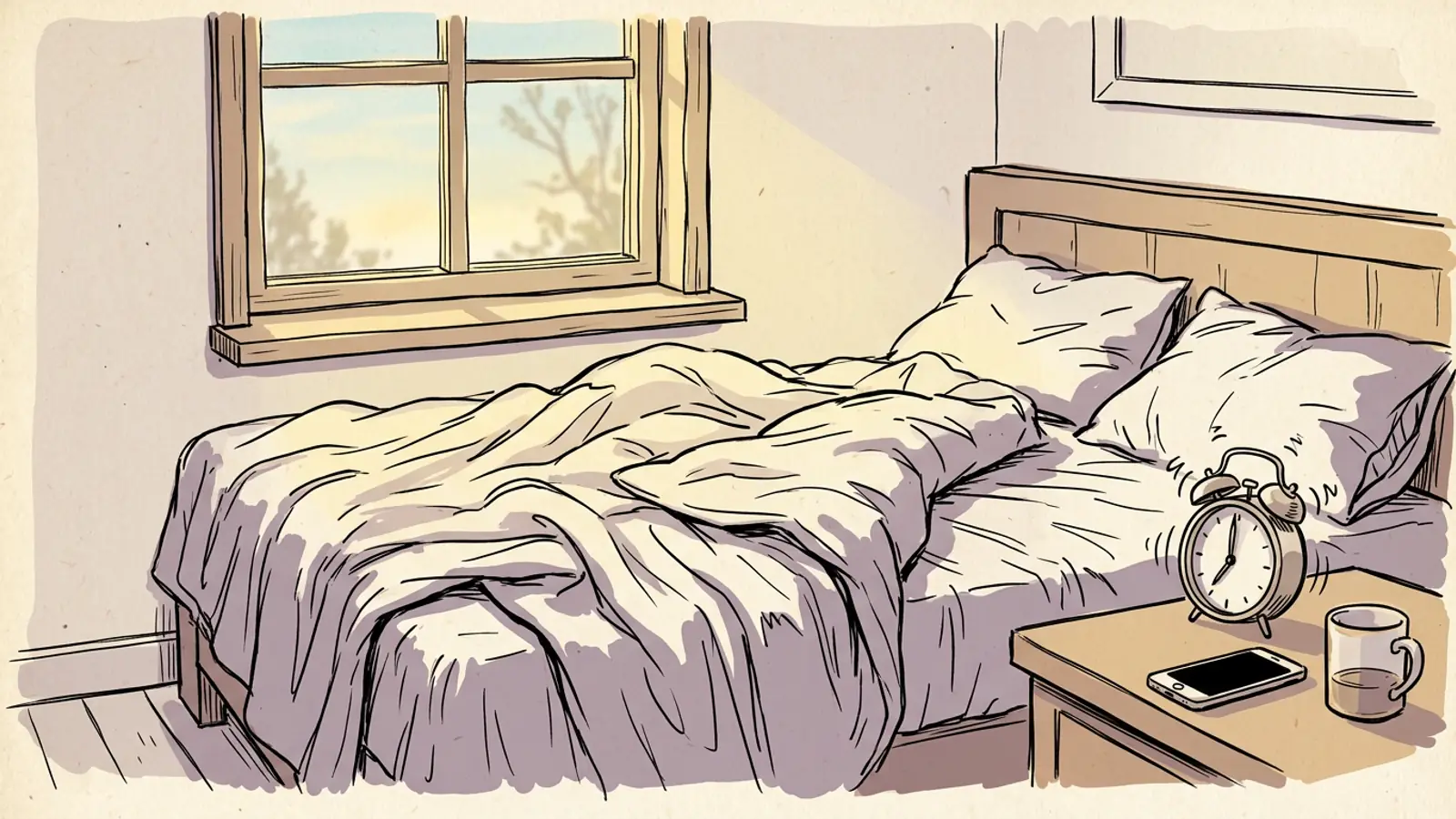 An alarm clock ringing beside a rumpled, empty-looking bed at dawn, the kind of morning when you sleep through your alarm.