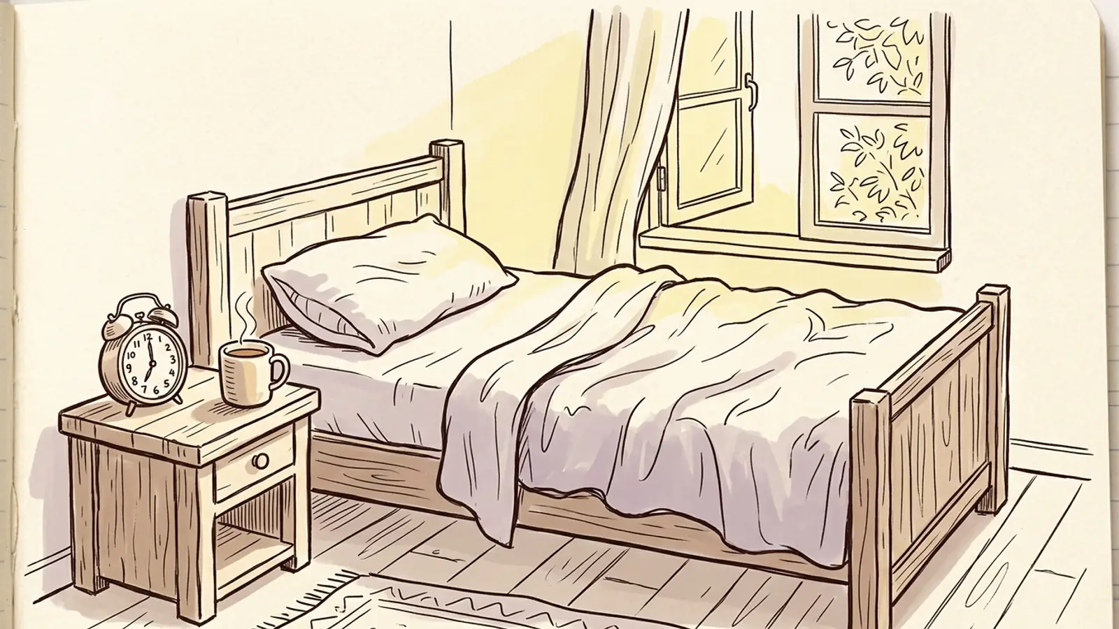 An unmade bed beside an alarm clock and a mug of coffee in thin morning light, the kind of morning where you feel groggy after waking up.