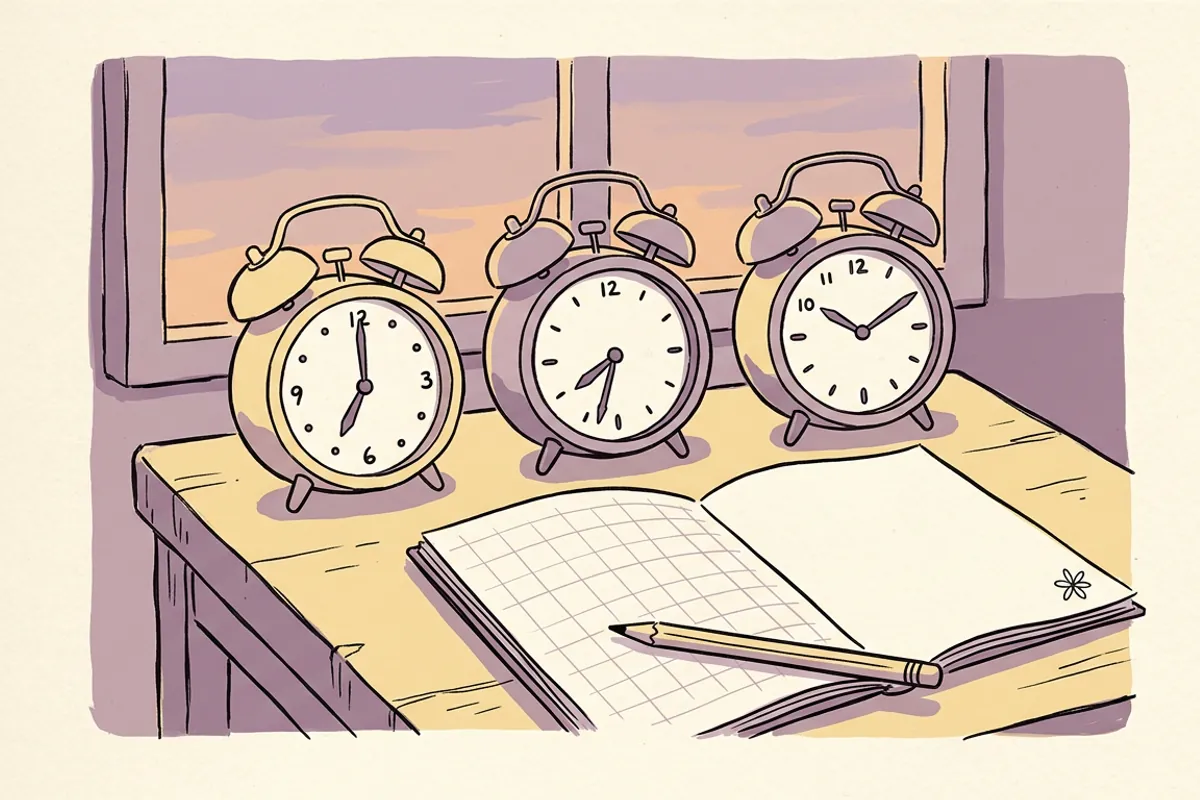 Three alarm clocks set to slightly different times, showing how a sleep cycle length other than 90 minutes moves your bedtime.