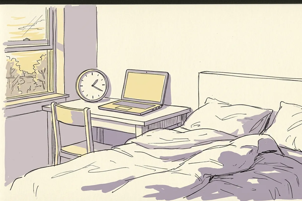 A laptop across the bedroom set up as a browser alarm, a simple Alarmy alternative for mornings that matter.