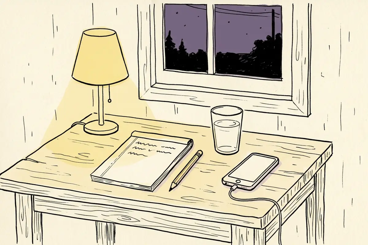 A kitchen table with a notepad, pencil and a charging phone, the middle step of a 30 minute bedtime routine.
