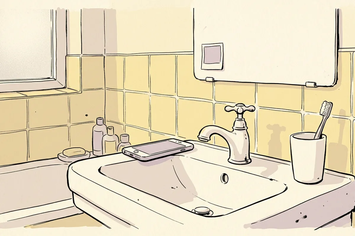 A phone running an alarm clock app set down by the bathroom sink, the spot you have to walk to before the alarm stops.