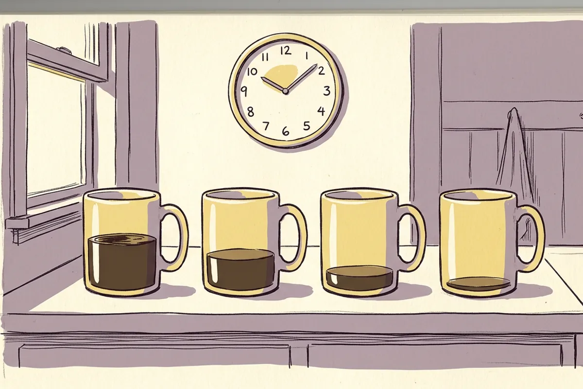 Four mugs, each half as full as the one before, showing the caffeine half life behind how long before bed to stop drinking coffee.