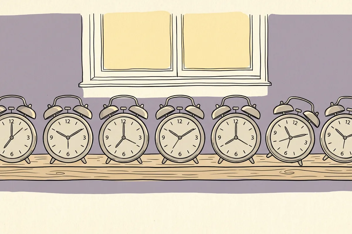Seven alarm clocks on a shelf with the weekend ones set later, showing why it is hard to wake up on Monday morning.