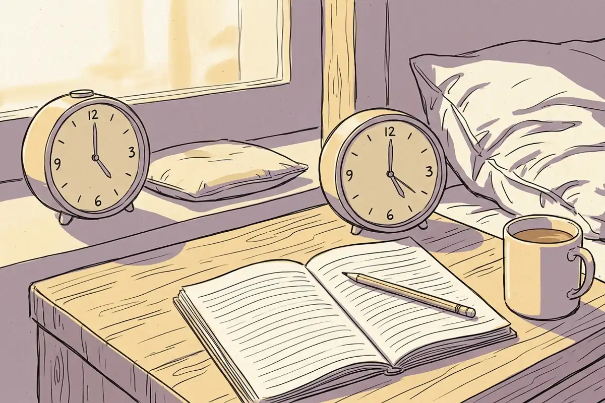 Two alarm clocks and an open notebook on a nightstand, comparing a short nap length with a long one.