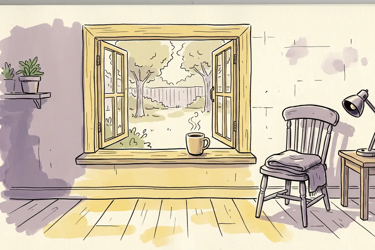 A mug on a sunny windowsill next to a switched off lamp, because morning light is what moves your clock when you want to become a morning person.