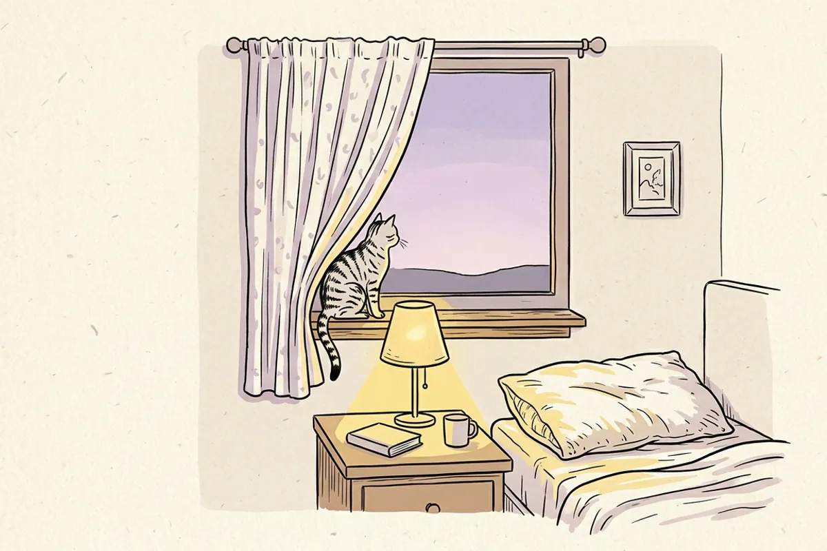A curtain pulled open and a bedside lamp switched on, the first step in how to get out of bed in the morning.