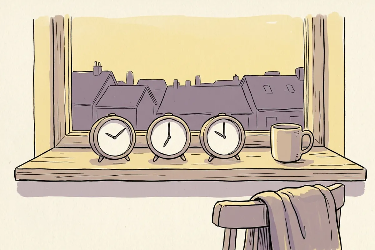 Three alarm clocks on a windowsill, each set a little earlier, showing the 15 minutes a night way to reset a sleep schedule.