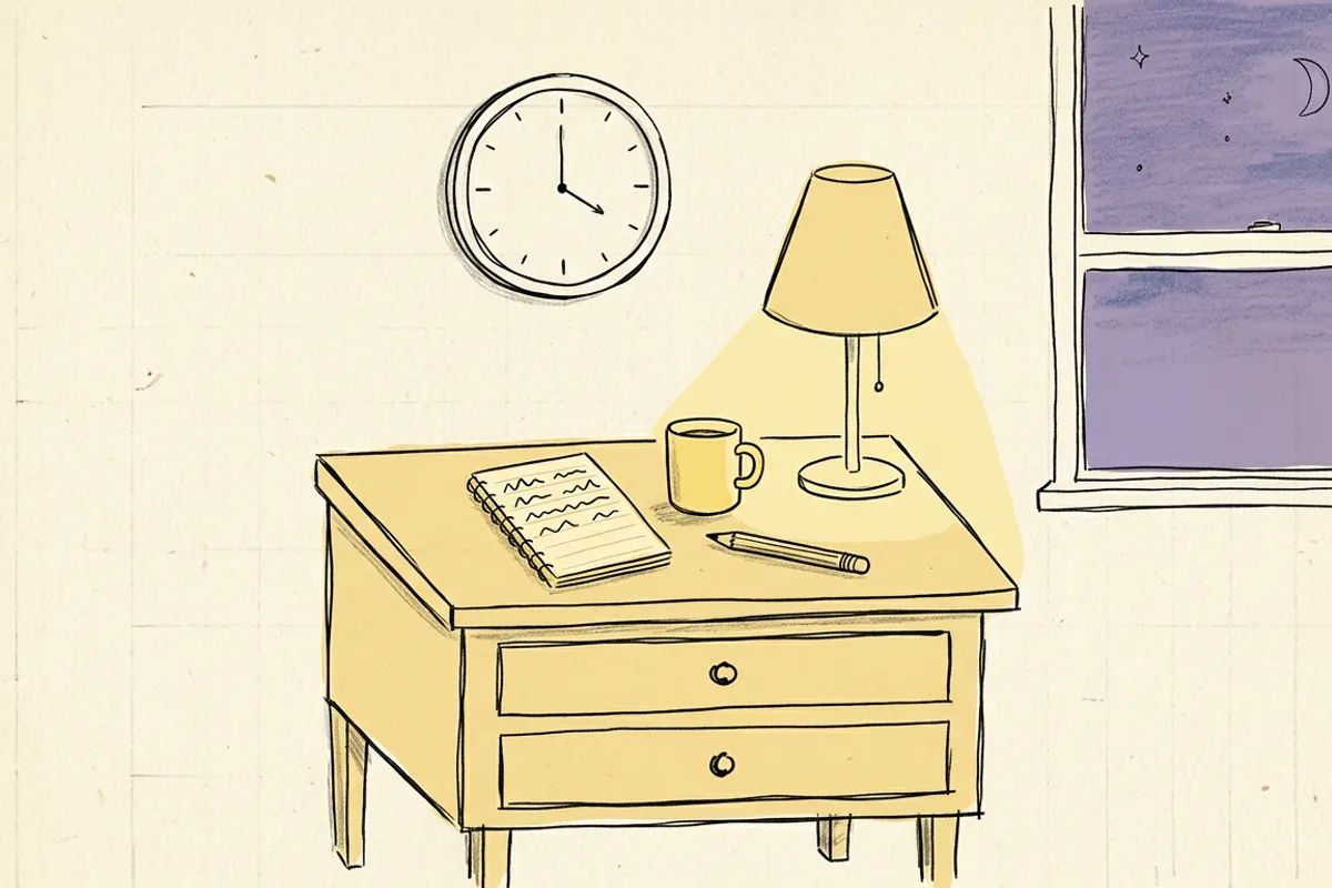 A notebook of wavy sleep cycle lines next to a clock, counting back from the alarm so it lands on light sleep and I stop snoozing.