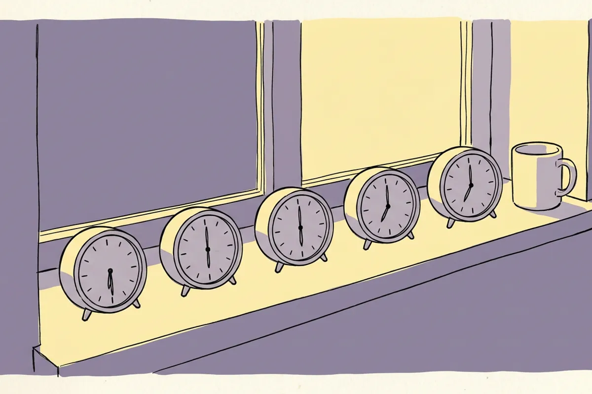 A row of alarm clocks each set slightly earlier, showing the gradual plan for waking up early.