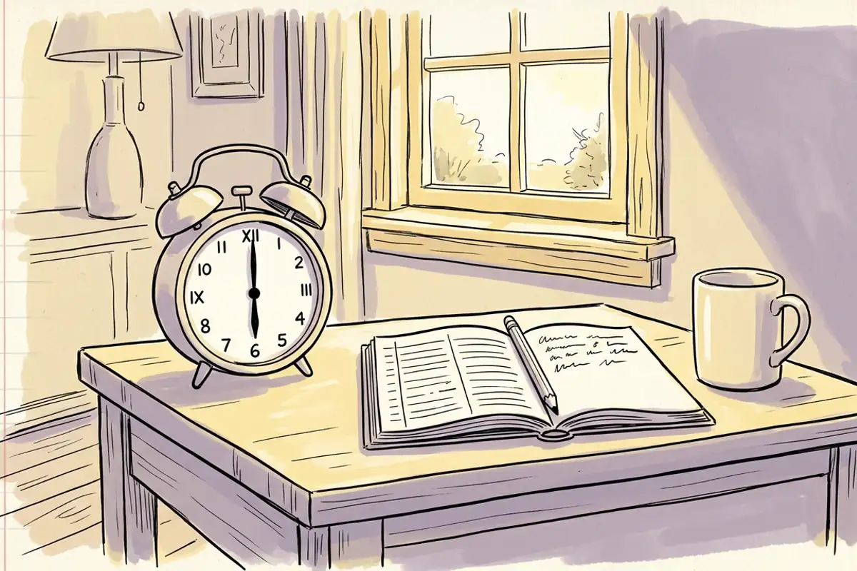 An alarm clock and a sleep notebook on a nightstand, for keeping a fixed wake time to improve sleep hygiene.