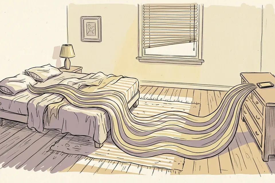 A phone playing a low alarm sound from a dresser across the room from an empty bed.