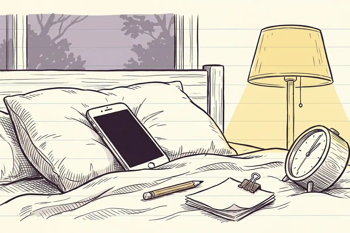 A phone set as an alarm with math problems resting on a rumpled pillow beside scrap paper and a tipped alarm clock.