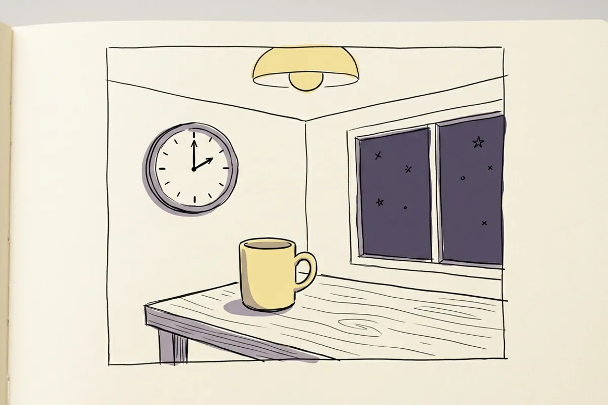 A coffee mug and a wall clock at 2 a.m., the last coffee of the night on my night shift sleep schedule.