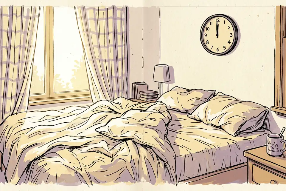Midday sun across rumpled sheets and a clock at noon, the weekend lie-in that only pays back part of a sleep debt.