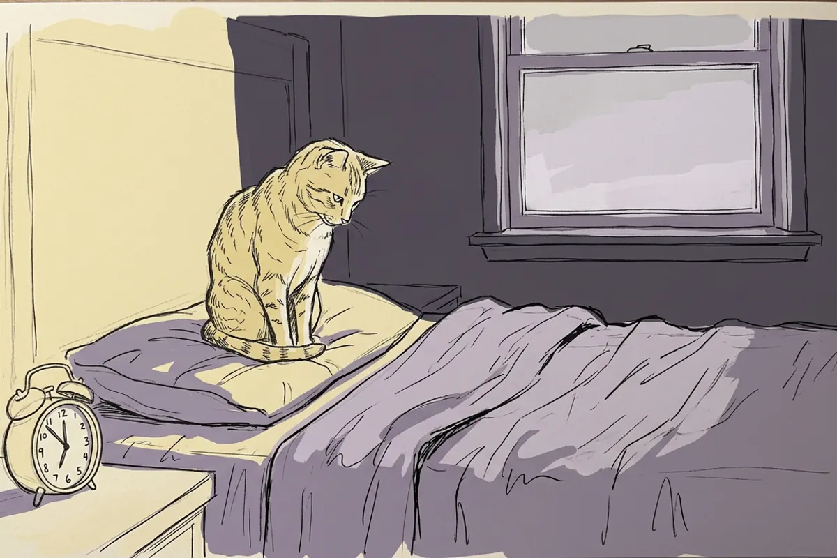 A tabby cat sitting on the bed staring at the pillow at first light, well before the alarm.