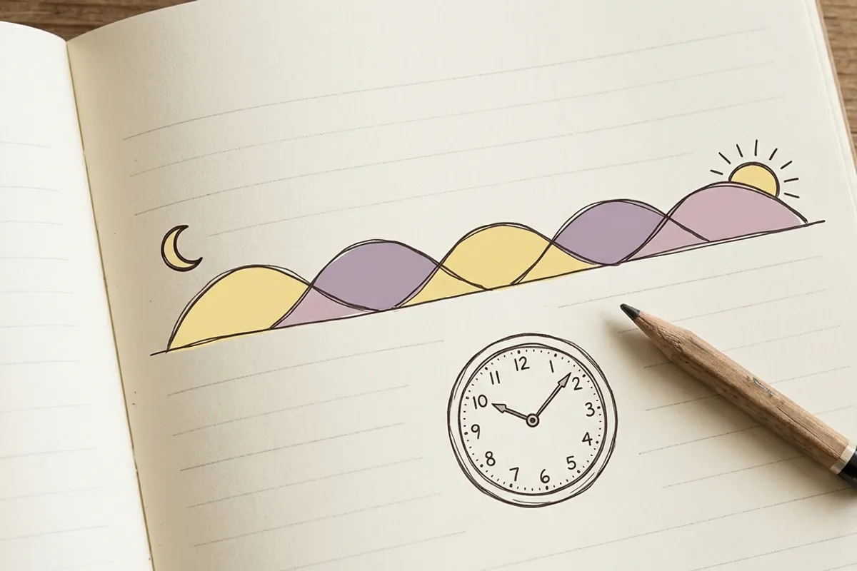 Five sleep cycles drawn as arcs from moon to sun, showing how to count forward to a wake up time.