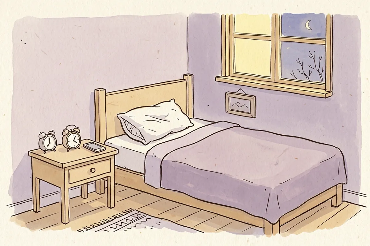 Two alarm clocks and a phone lined up on a nightstand by a bed, a setup that did not stop me sleeping through my alarm.