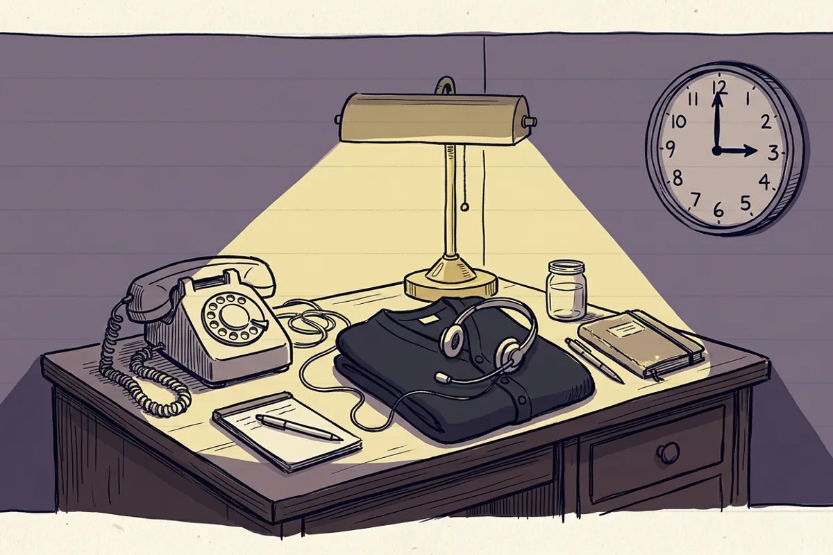 A late shift desk with a telephone and a wall clock at three, where a nap that ran long left me groggy after waking up.